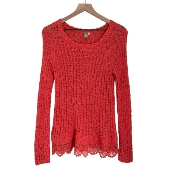 Anthropologie Knitted & Knotted Knit Lace Hem Sweater Coral Orange Size Small - Picture 3 of 9